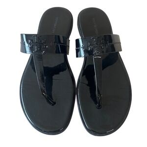 Tory Burch Emmy Patent Leather Sandals Black Glossy Logo Thong Slides 9.5